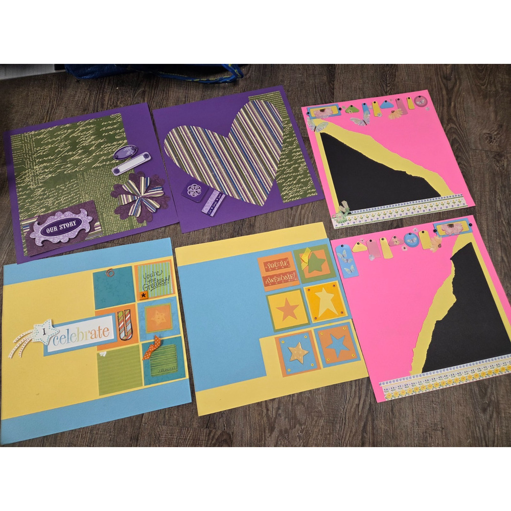 Scrapbooking Pre-Made Pages Just Add Pictures Bright Pink Purple Neon Blue Black